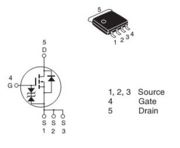 Рис.DКорпус типа LFPAK или SOT669.Частный случай корпуса SO-8 с одним N-канальным транзистором, где ножки с 5'ой по 8'ю заменены на теплоотводный фланец. На данный момент замечен только на видеокартах.